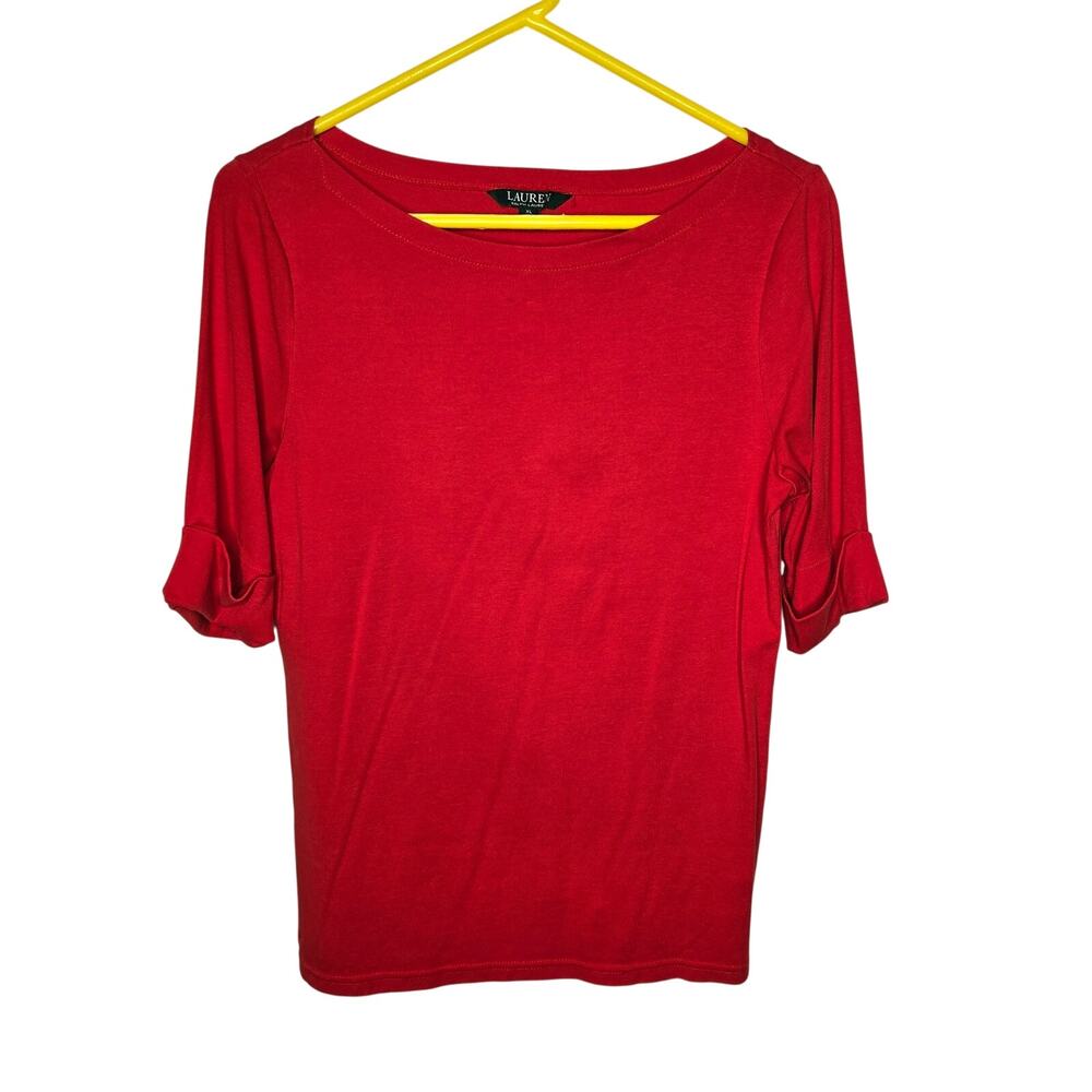 Lauren Ralph Lauren Red Cotton Blend Rolled Sleeve Boat Neck Knit Tee Top Sz XL